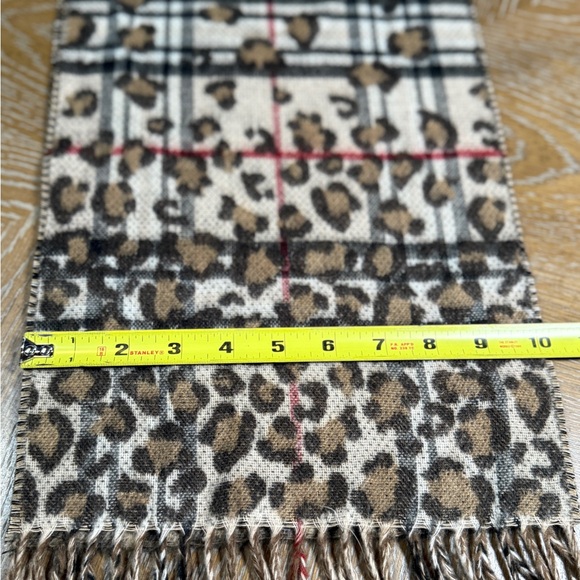 Cashmink Plaid and Cheetah Print Scarf in cream, brown, grey and red - Picture 9 of 9